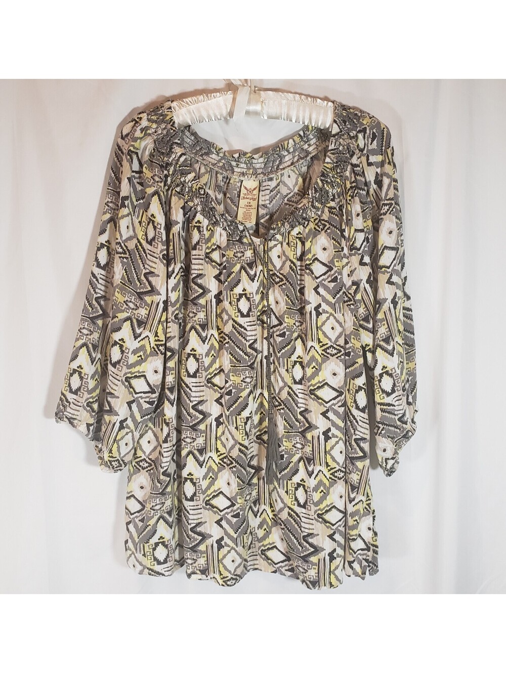 Faded Glory Womens 1X 16W Boho Geometric Peasant Blouse Tassel Tie Rayon